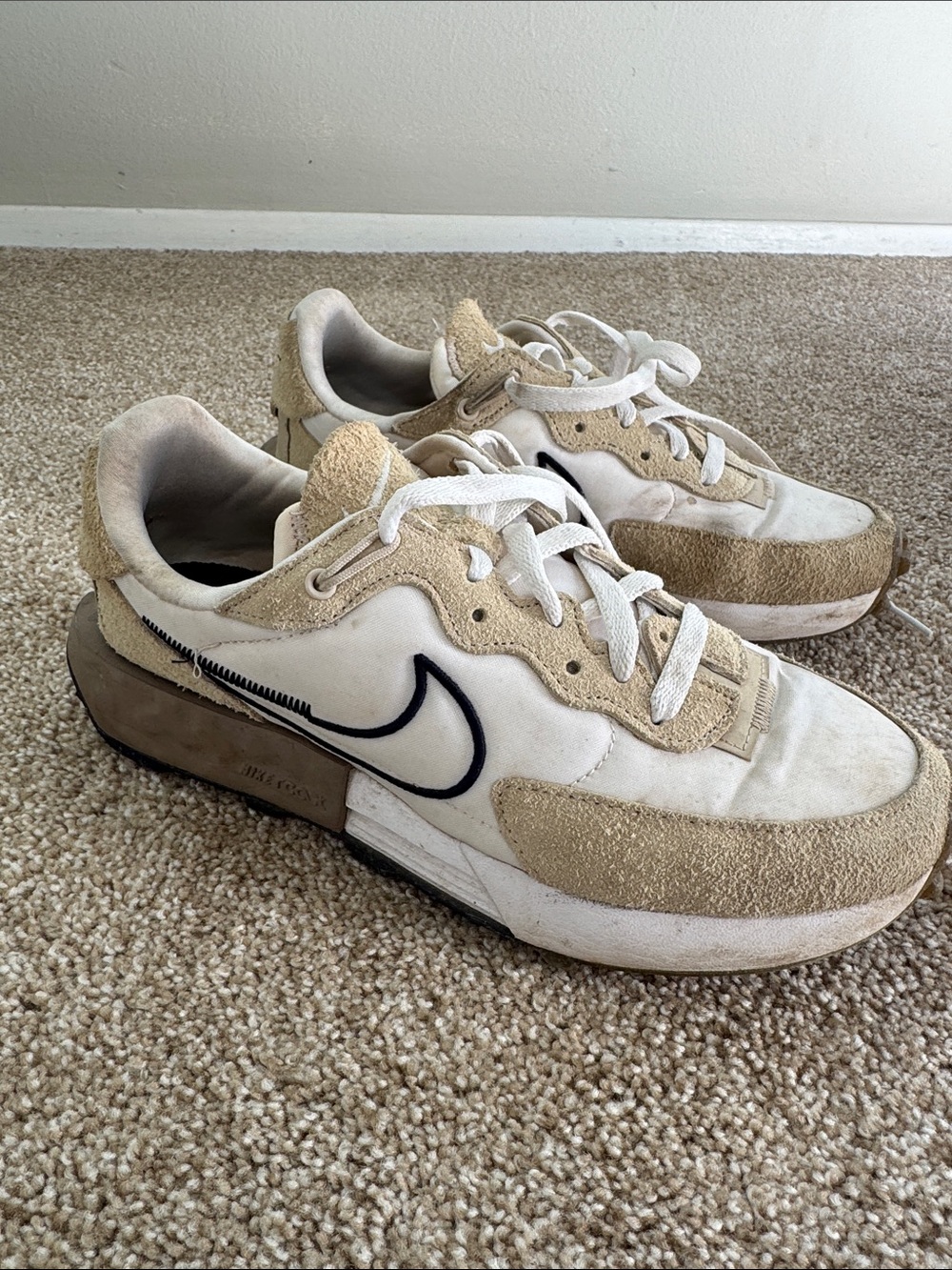 Nike women’s  Beige & White Suede Low-Top Sneakers with Black Swoosh - 7.5
